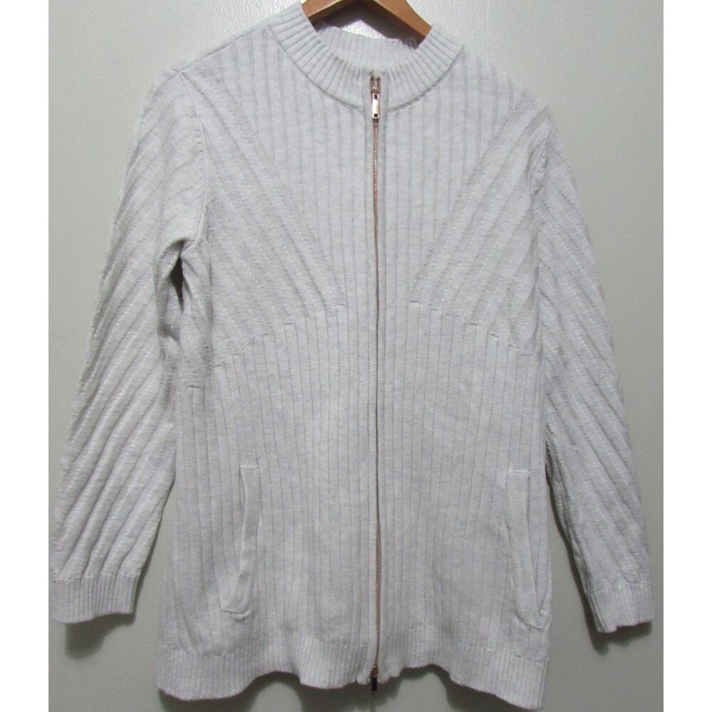 SOFT SURROUNDINGS SIZE L NWT ZIP FRONT CARDIGAN SWEATER COTTON WOOL BLEND GRAY